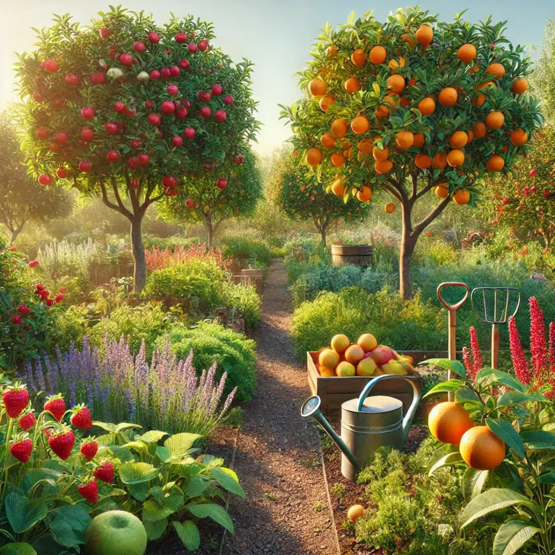 Organic fruit garden with apple and orange trees, berry bushes, ripe fruits, compost, garden tools, and a stone path under a clear sky.