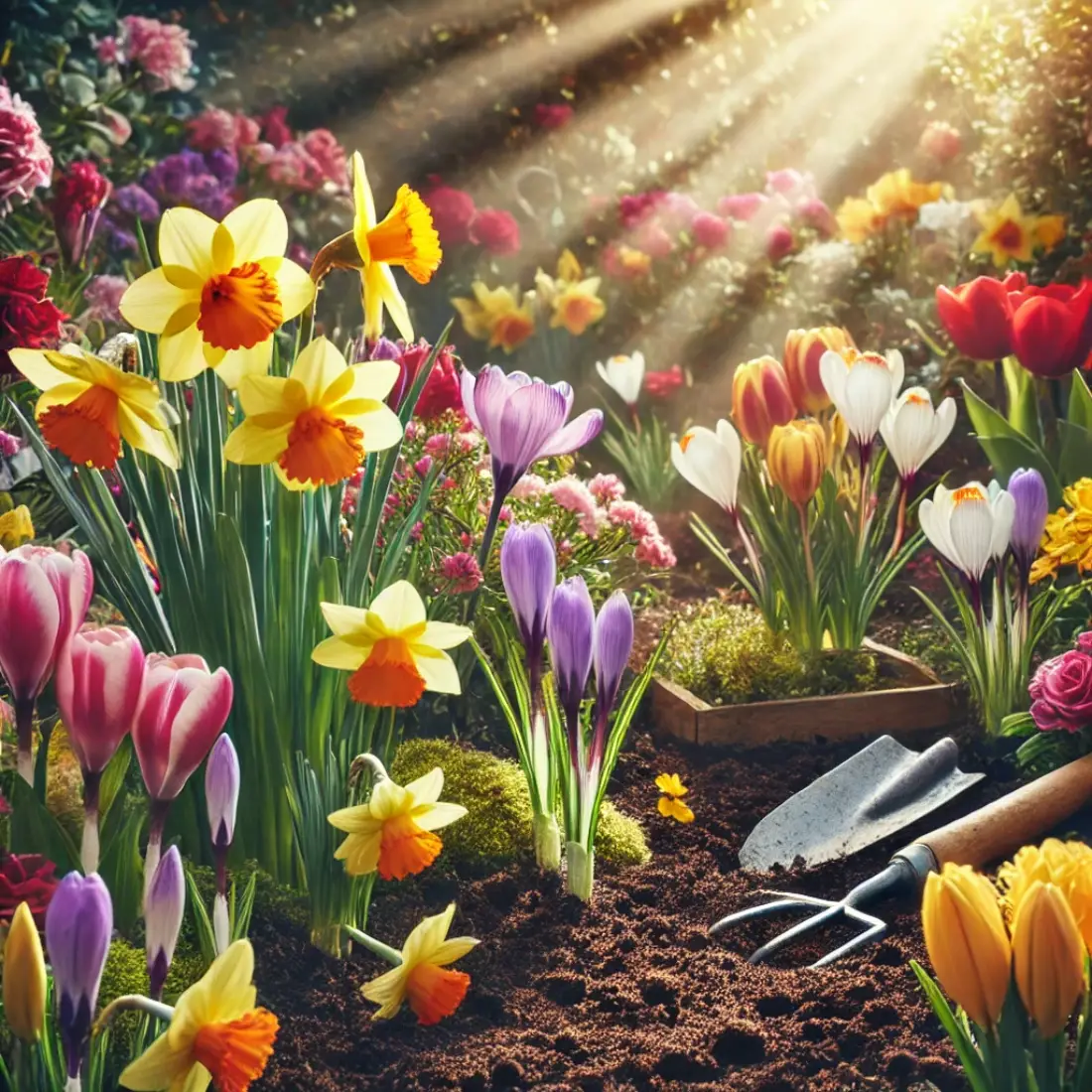 A colorful spring garden with blooming daffodils, tulips, and crocuses in yellow, red, purple, and white, thriving under bright sunlight.