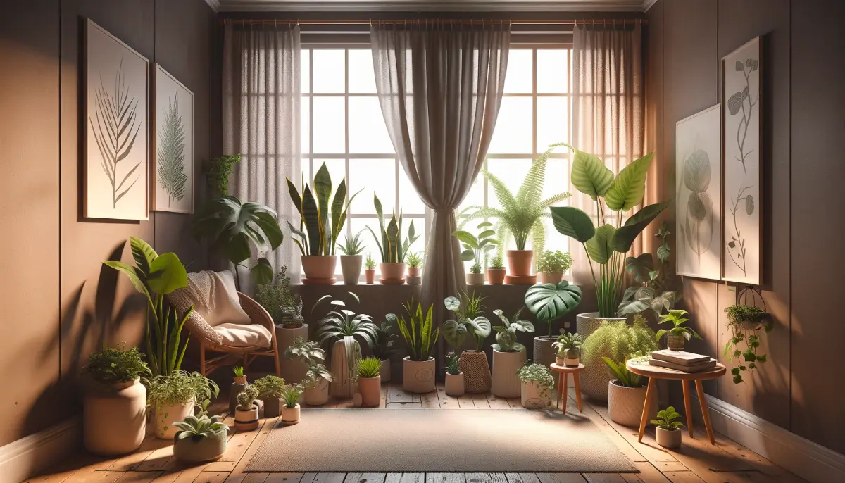 A dimly-lit cozy room with a reading nook, filled with lush indoor plants thriving in low light, including Snake Plant and Peace Lily