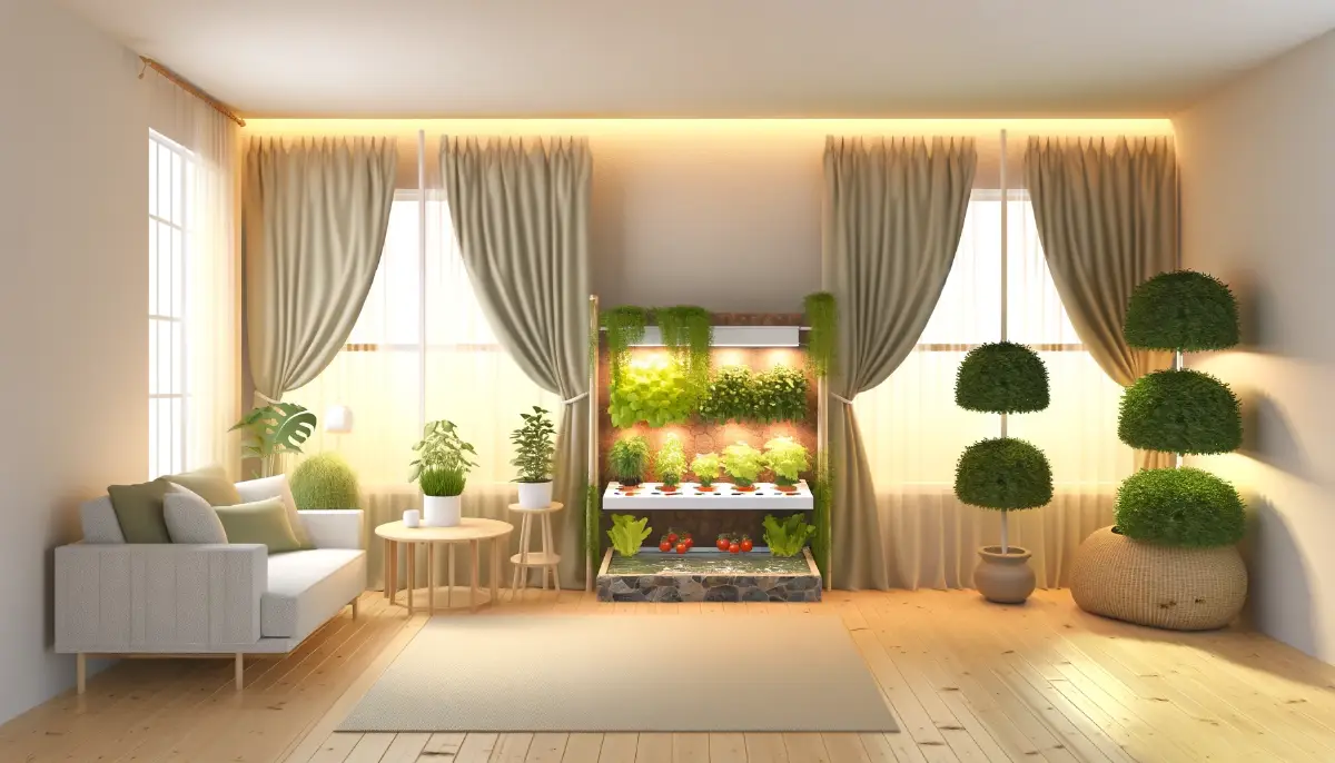 A cozy home scene with a vertical herb garden, tranquil Japanese garden area, and hydroponic vegetables, under warm lighting