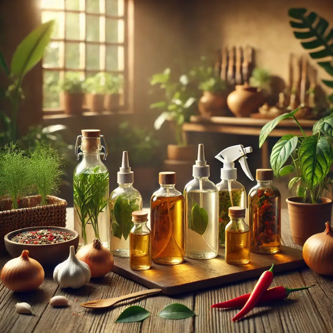 A rustic wooden table indoors with several spray bottles filled with homemade organic pesticides. Surrounding the bottles are natural ingredients like garlic cloves, onions, neem oil, hot peppers, and tomato leaves. Soft natural lighting highlights the eco-friendly, DIY gardening theme, with potted plants and herbs in the background.