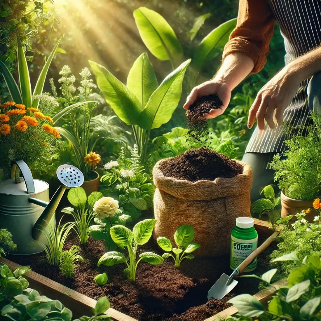 A realistic organic garden with lush green plants, blooming flowers, and rich, dark soil. A gardener is carefully applying homemade compost to nourish the plants. Sunlight filters through the leaves, creating a warm and natural atmosphere. A watering can and gardening tools are nearby, symbolizing sustainable and eco-friendly gardening.