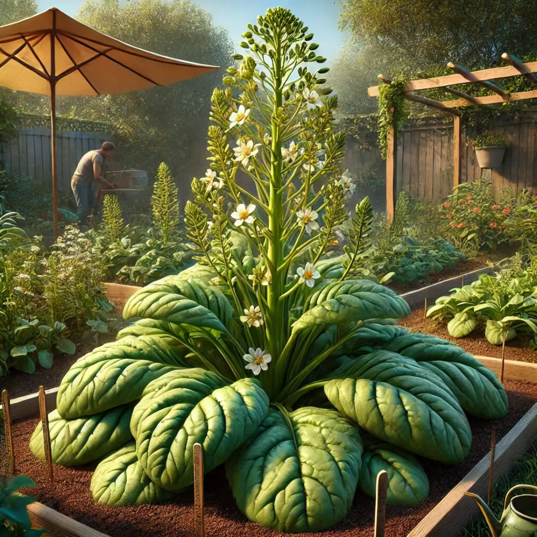 Realistic spinach plant with tall flowering stalks indicating bolting, in a garden with shade structures and a gardener planting new spinach.