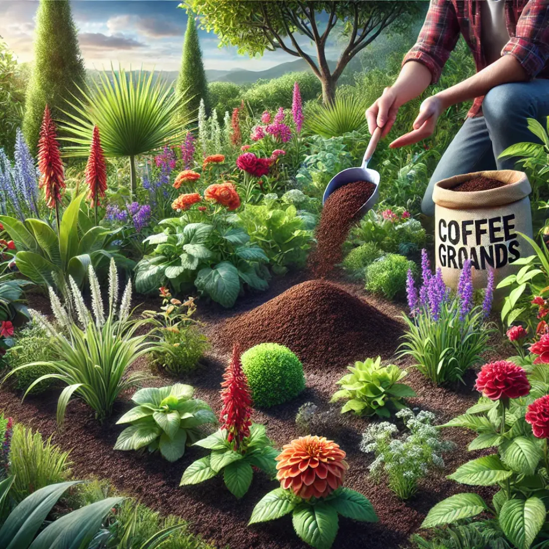 Gardener sprinkling coffee grounds around plants in a lush garden with rich soil, vibrant flowers, and healthy foliage.