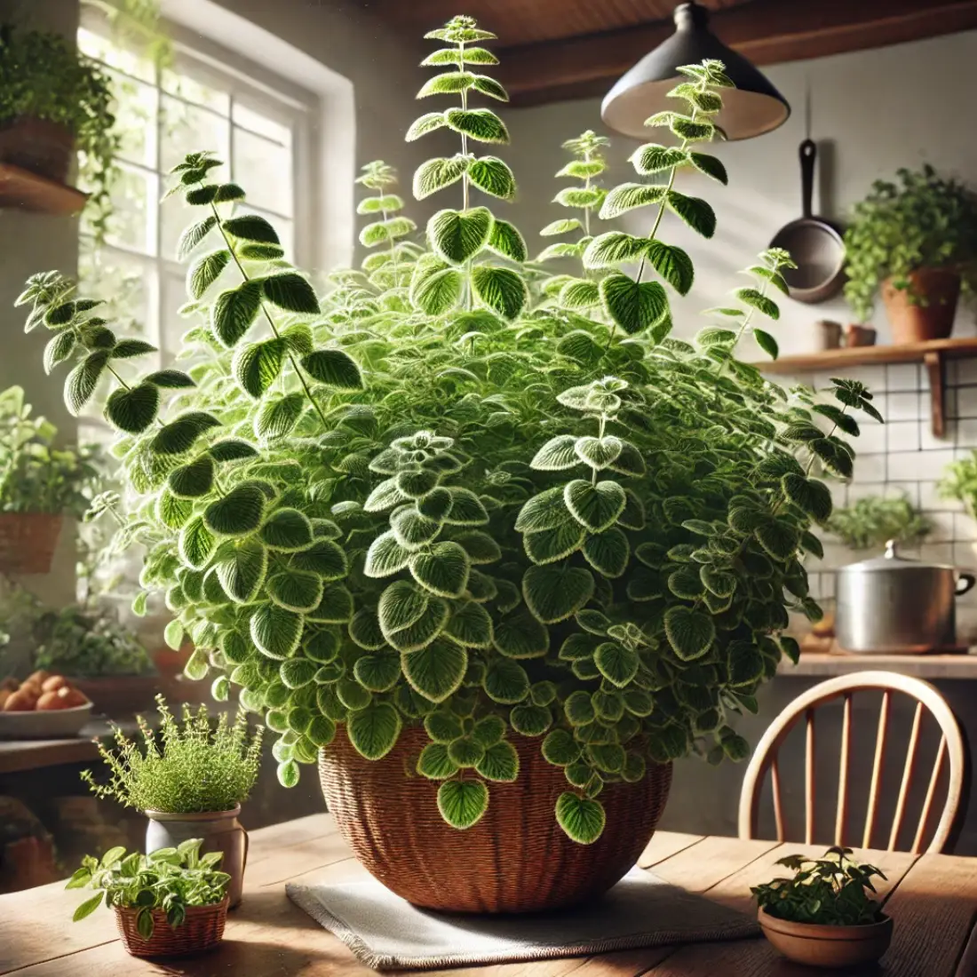 Cuban Oregano, also known as Mexican Mint or Spanish Thyme, in a hanging basket with bushy, trailing growth and thick, fuzzy leaves in a cozy, naturally lit indoor space near a kitchen area