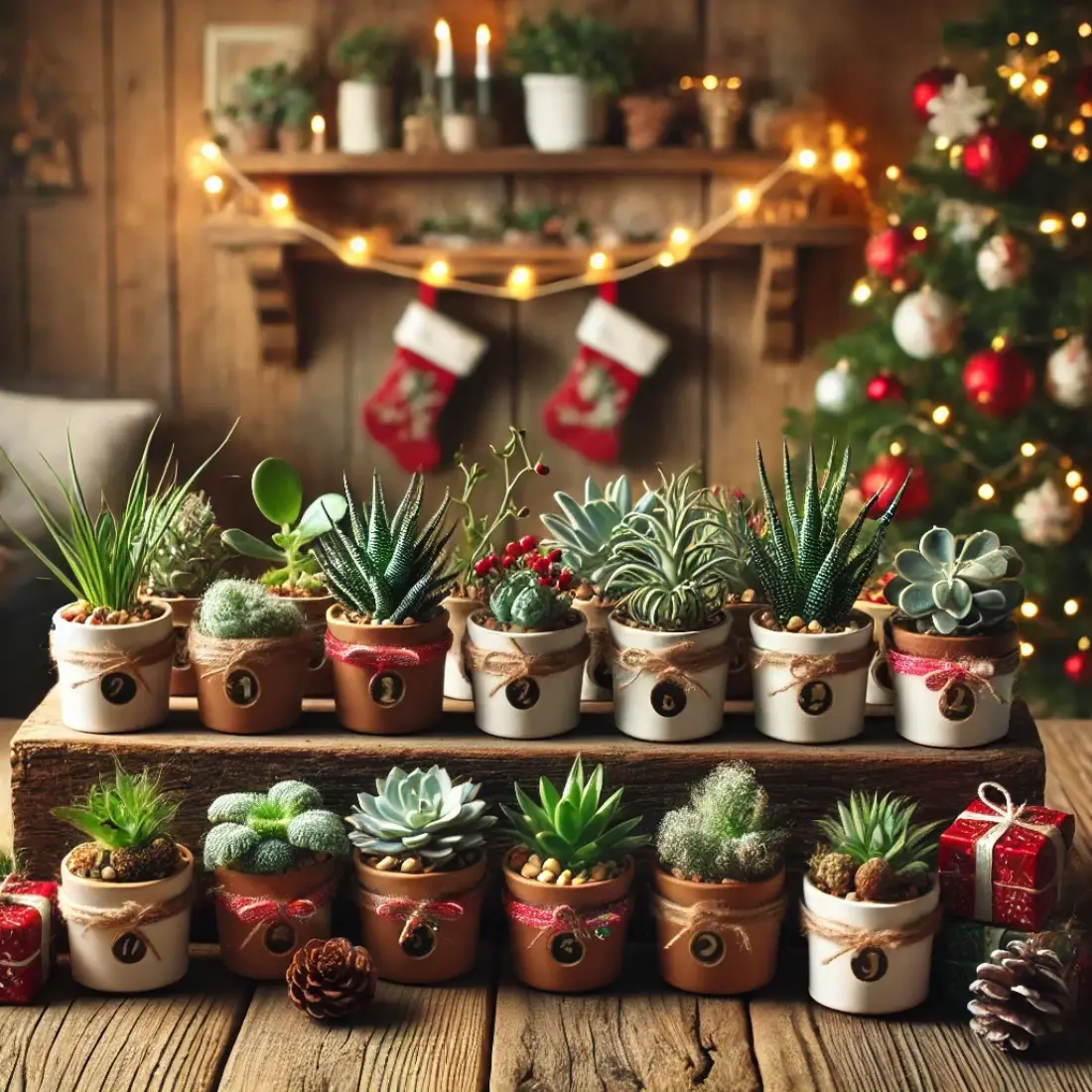 DIY holiday display of mini plants in containers without numbers, adorned with fairy lights, pinecones, and ornaments in a cozy setting.