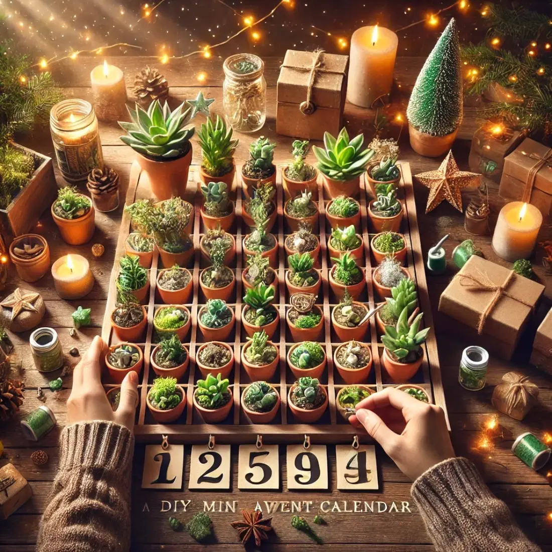 DIY mini plant advent calendar setup with decorated pots, soil, and festive decor, hands removed for a clear workspace view in a cozy setting.