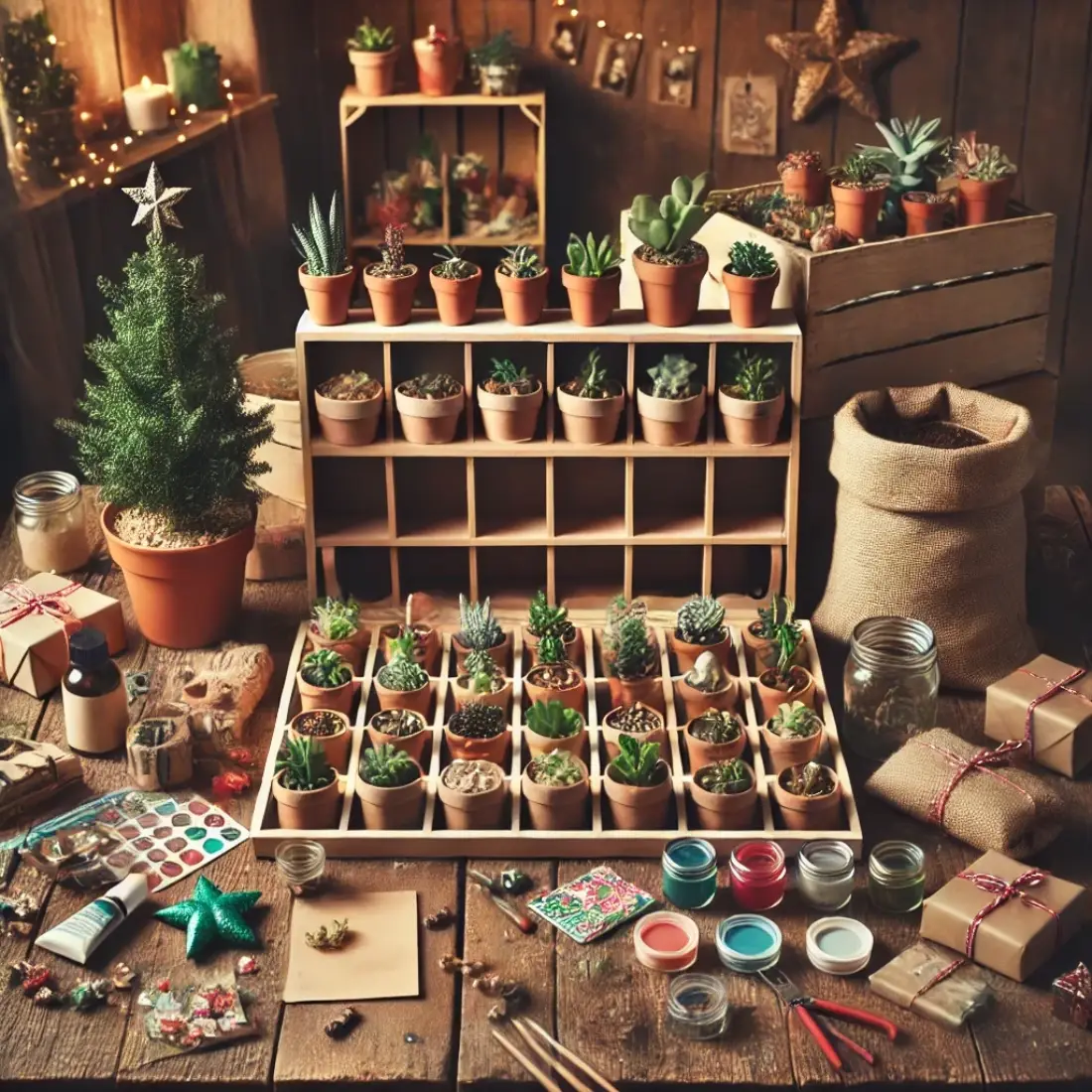 Crafting setup for a mini plant advent calendar with plain terracotta pots, succulents, soil, and festive decor on a rustic table, no labels visible.