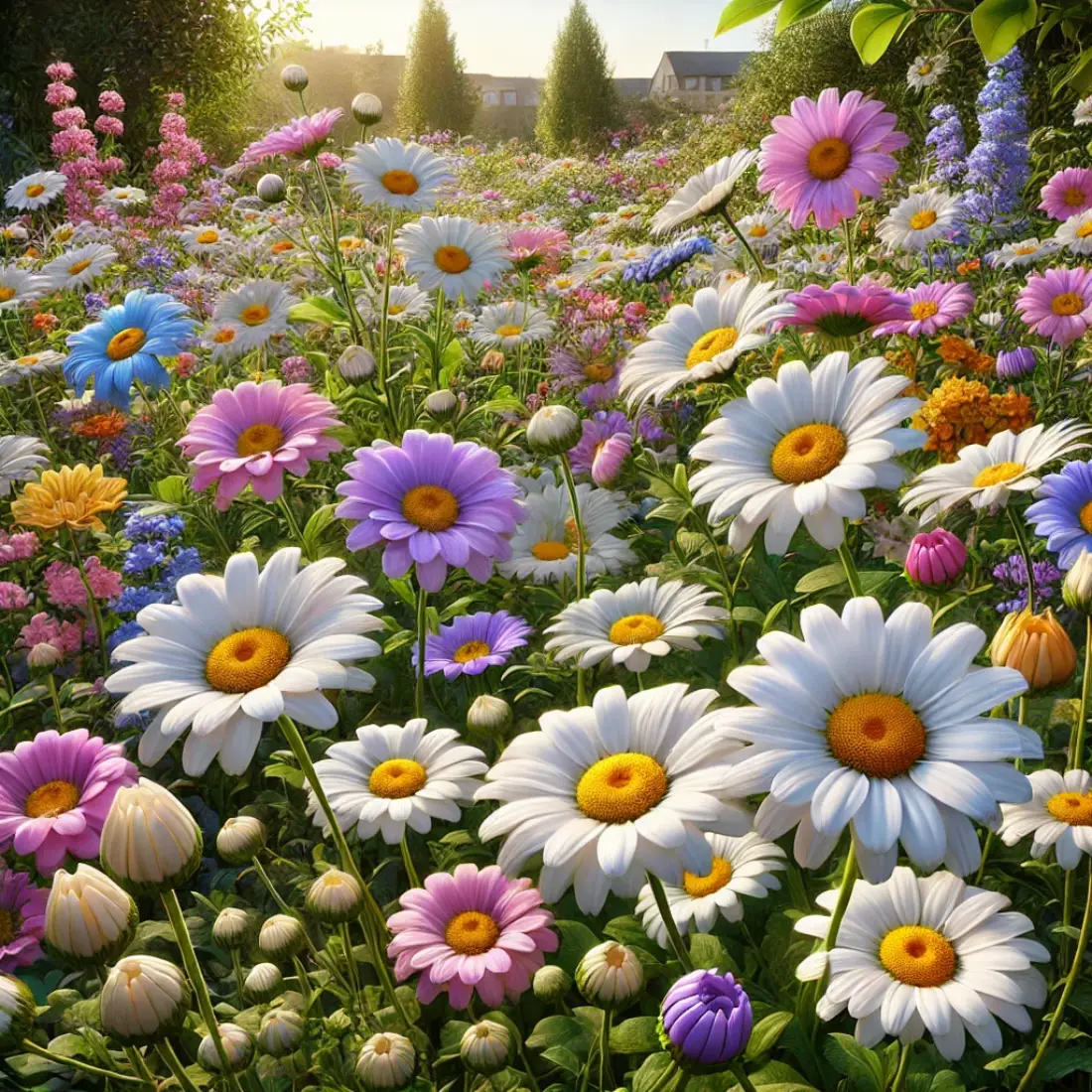 A vibrant garden with daisies in various colors, including white, pink, purple, and blue petals, under a clear blue sky.