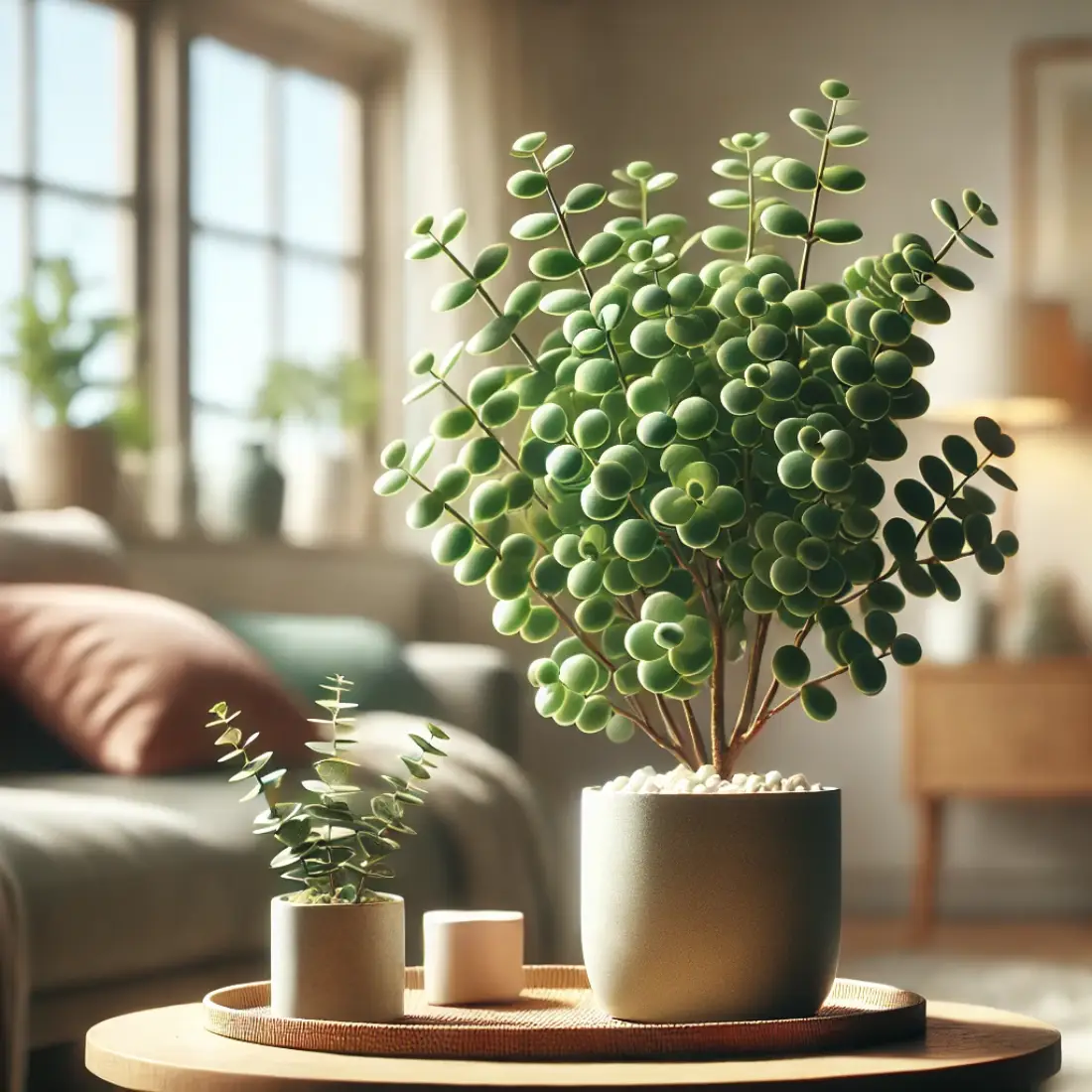 Elephant Bush (Portulacaria afra) with small, glossy leaves in a stylish pot, in a cozy indoor setting with bright, indirect light and a clean, fresh atmosphere.