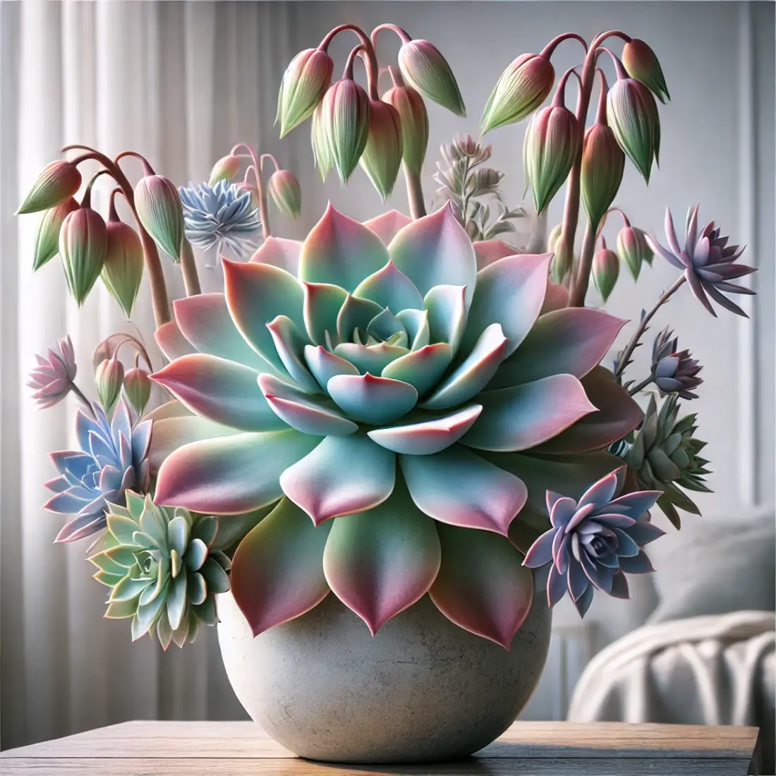 A Fragrant Echeveria 'Fragrantissima' in a stylish pot on a modern shelf, with rosette-shaped leaves in vibrant hues and tall flower stalks. Natural light streams through a nearby window.