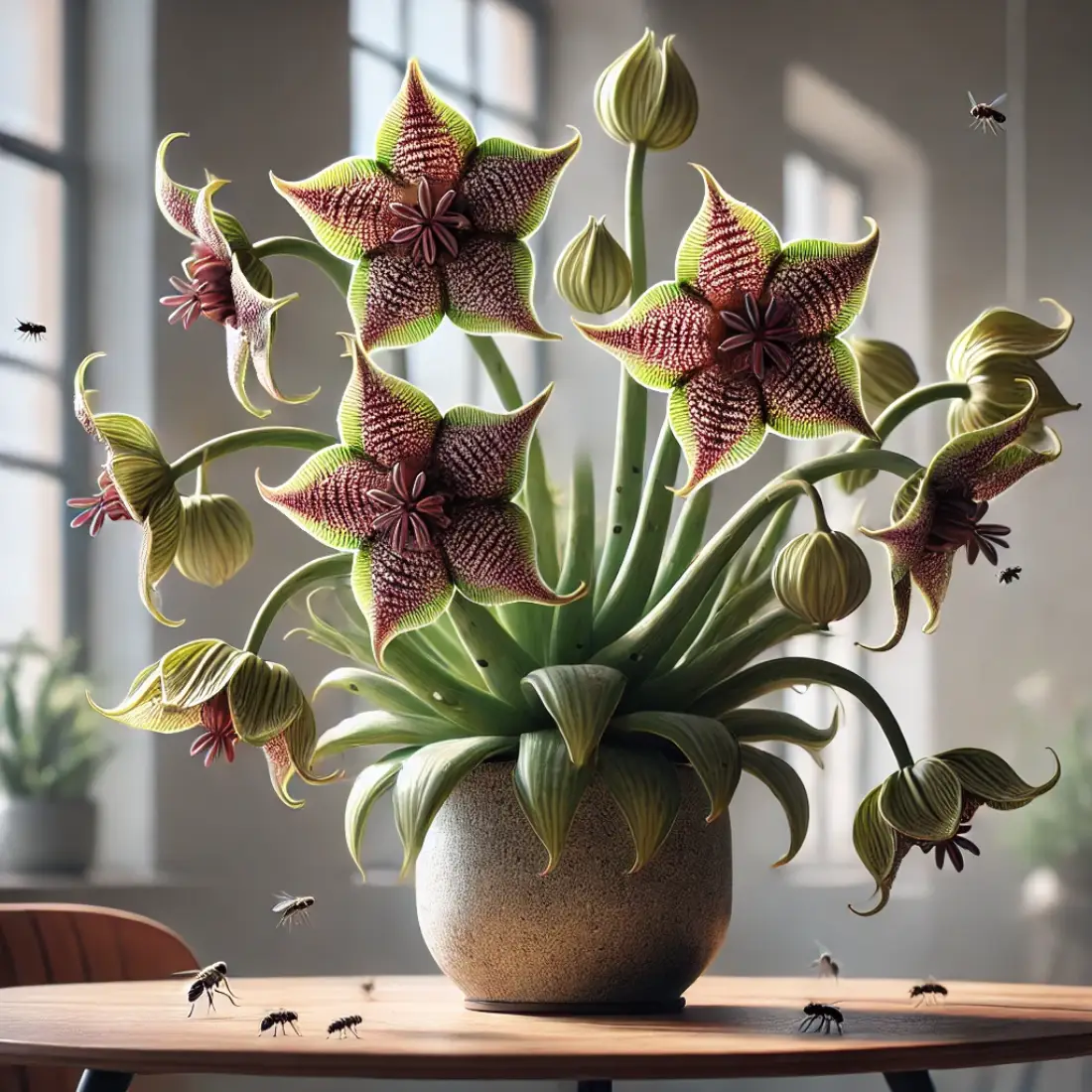 A Fragrant Stapelia, known as the Carrion Flower, in a stylish pot on a modern table, with star-shaped flowers and green stems. Flies hover around the flowers, with natural light streaming through a nearby window.
