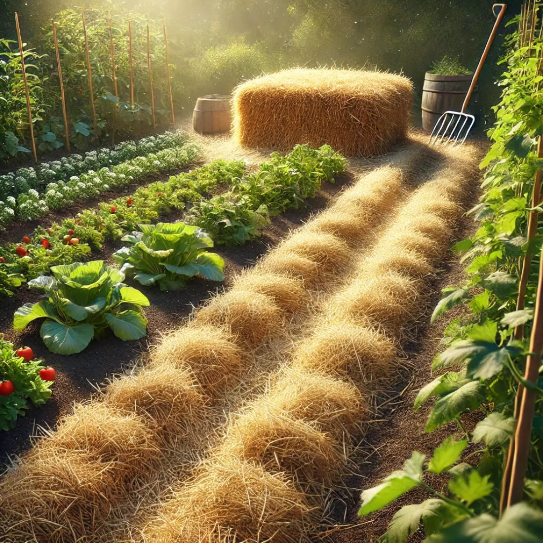 Organic vegetable garden with rows of plants mulched with a 2-3 inch layer of straw, showing light and fluffy texture, with a section of hay mulch nearby.