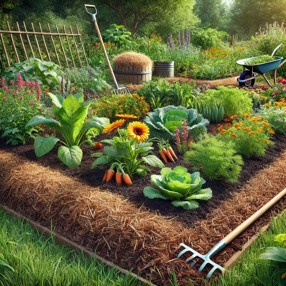 Organic garden with various plants growing in mulched soil of compost, wood chips, and straw, with gardening tools nearby on a sunny day.