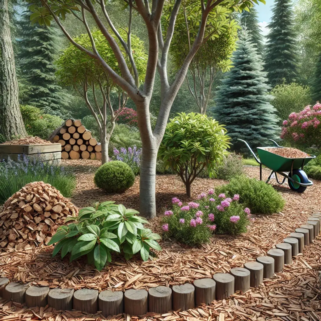 Organic garden with trees, shrubs, and perennials mulched with small wood chips and bark, featuring blueberries and azaleas on a sunny day.