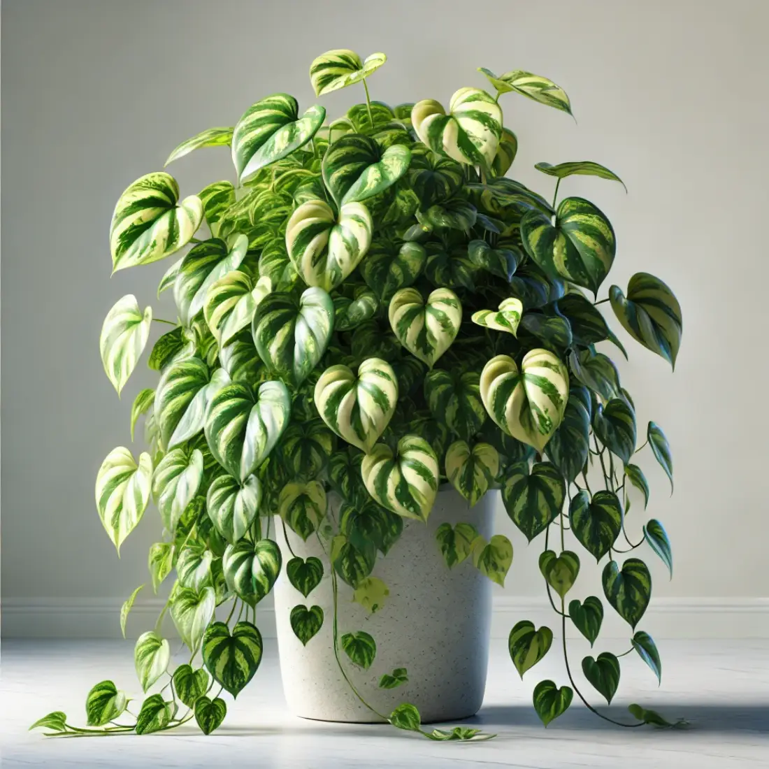 Realistic image of a Pothos plant with trailing heart-shaped green leaves, variegated with yellow or white, in a modern pot against a neutral background.