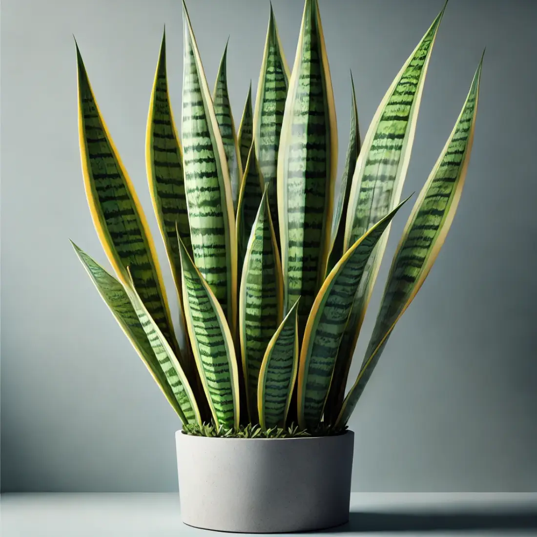 Realistic image of a Snake Plant with upright green and yellow variegated leaves in a modern pot against a neutral background.