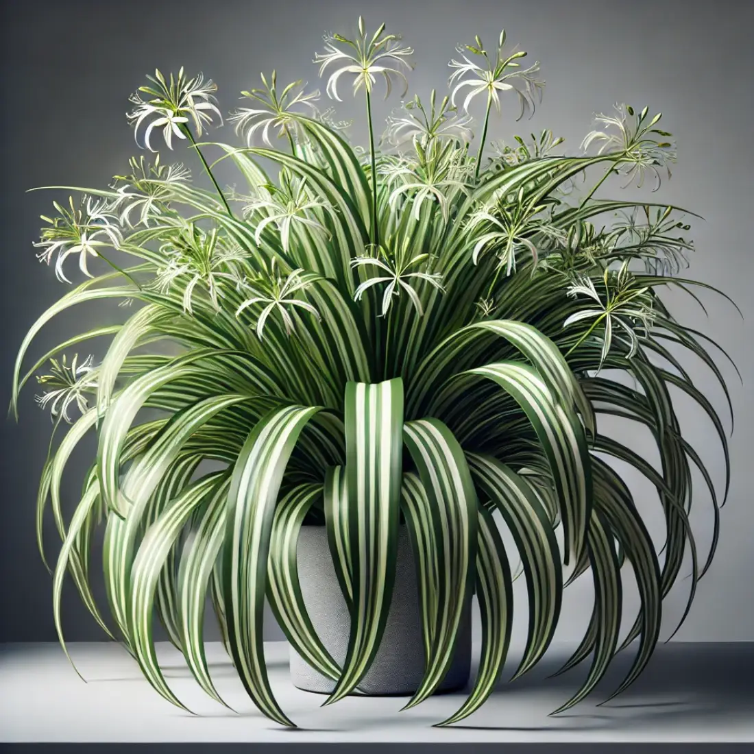 Realistic image of a Spider Plant with long, arching leaves with white stripes and small white flowers in a modern pot against a neutral background.
