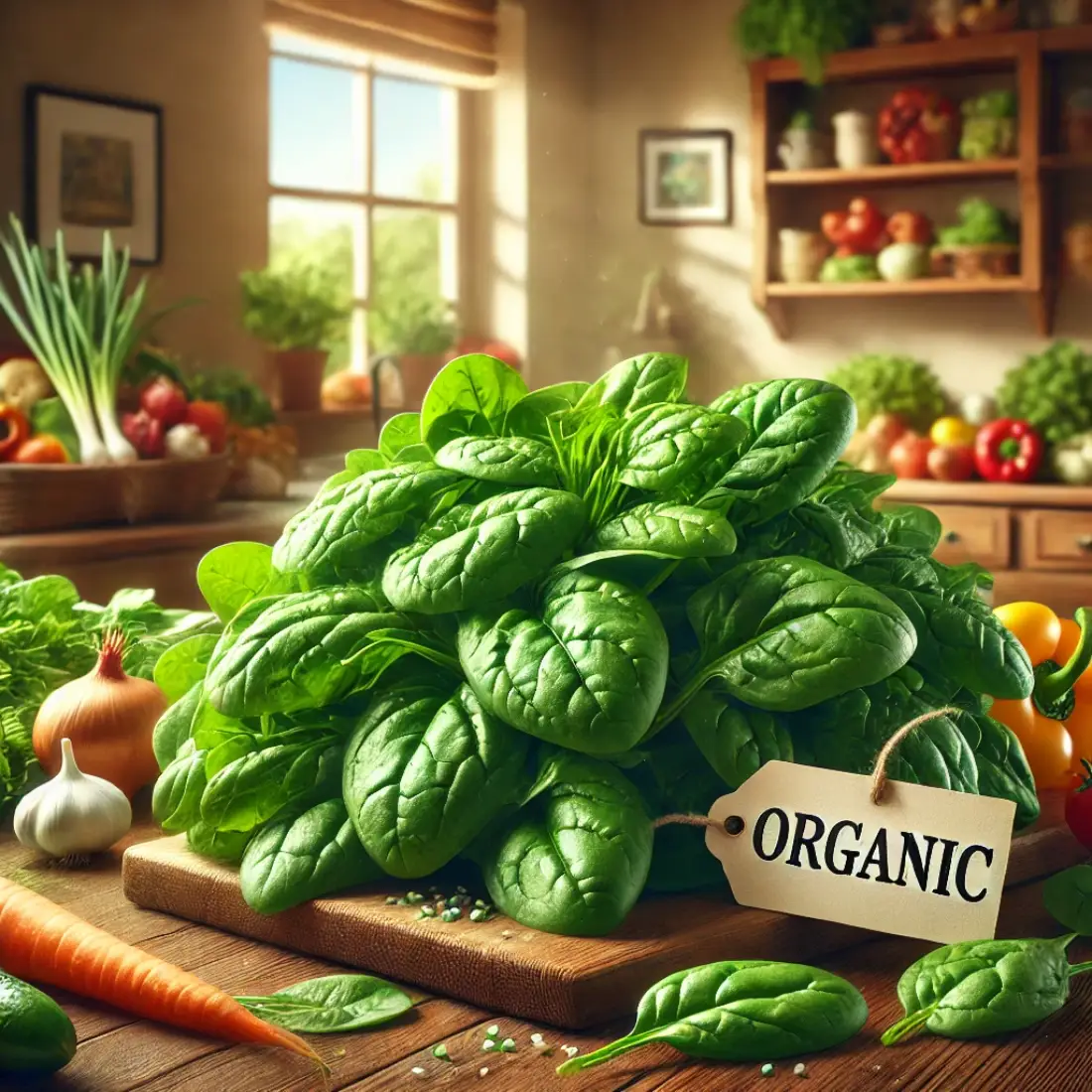 Vibrant organic spinach surrounded by colorful vegetables in a bright, inviting kitchen with natural light.