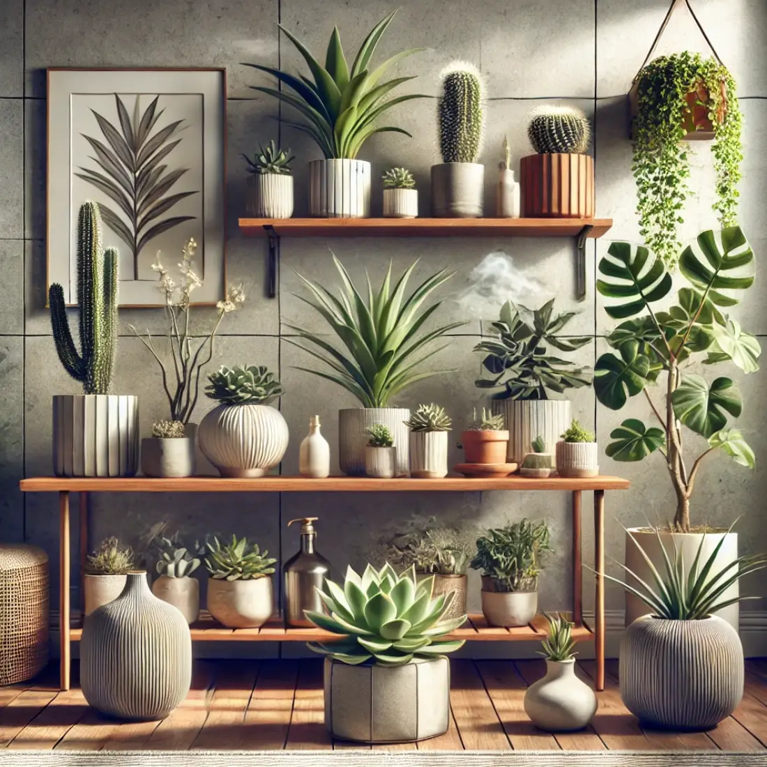 A cozy indoor setting with fragrant succulents and cacti in stylish pots on a wooden shelf and table, bathed in natural light.