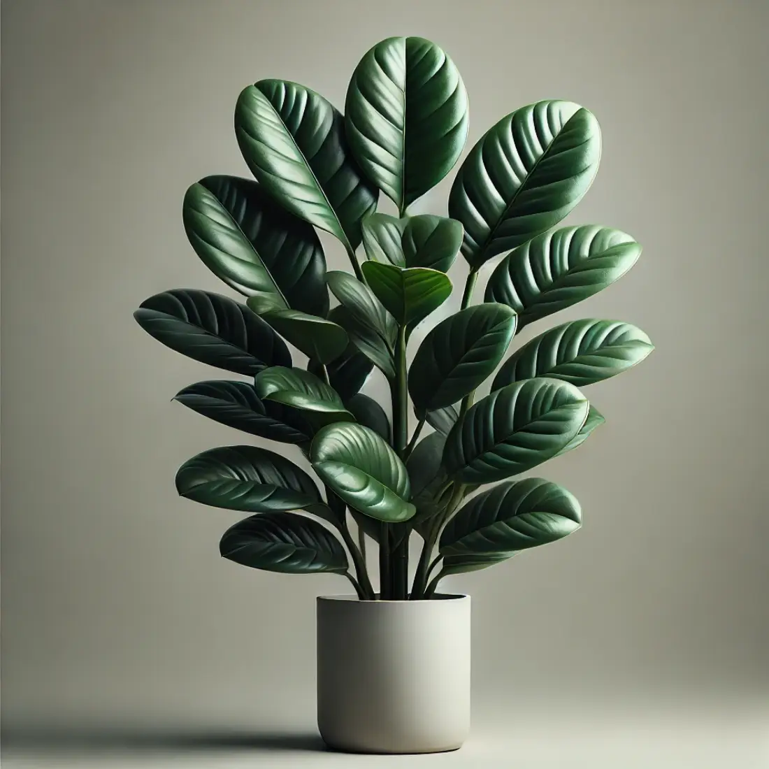 Realistic image of a ZZ Plant with waxy, dark green leaves in a modern pot against a neutral background.