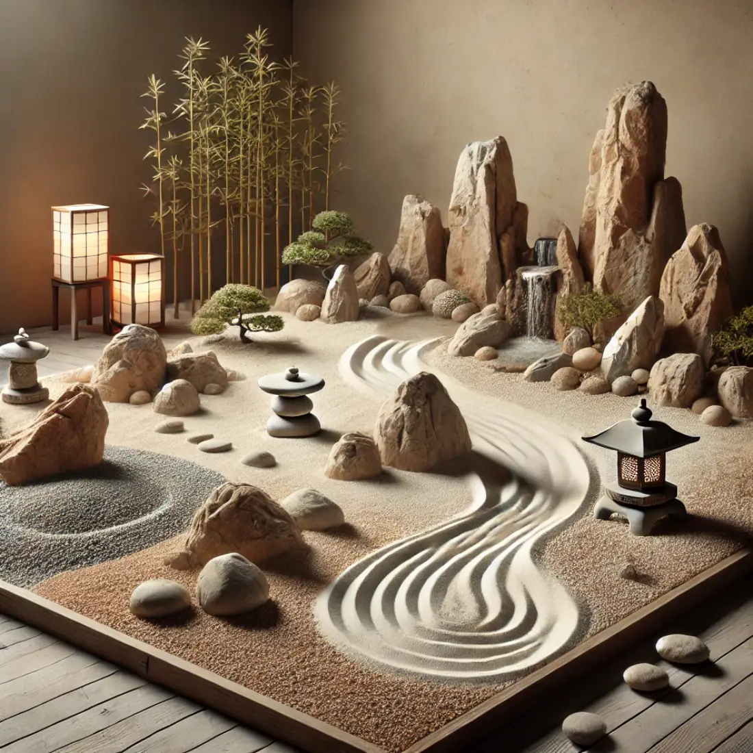 Realistic image of a Zen garden featuring rocks and sand, a small water feature, bamboo, lanterns, and stone statues, creating a tranquil and meditative landscape.
