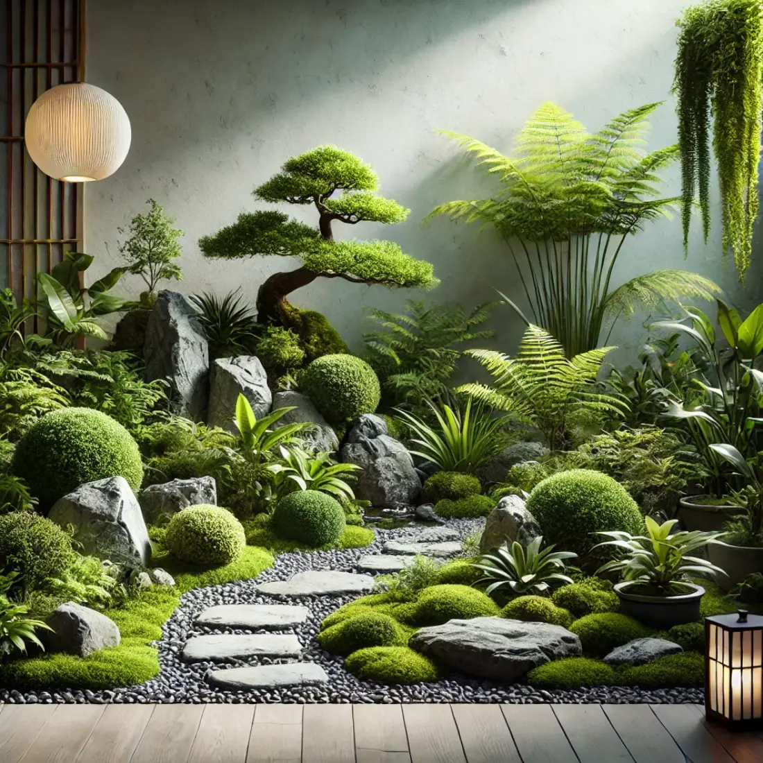 Realistic image of an indoor Zen organic garden with lush green plants, natural stones, and a small water feature, creating a peaceful and serene atmosphere.