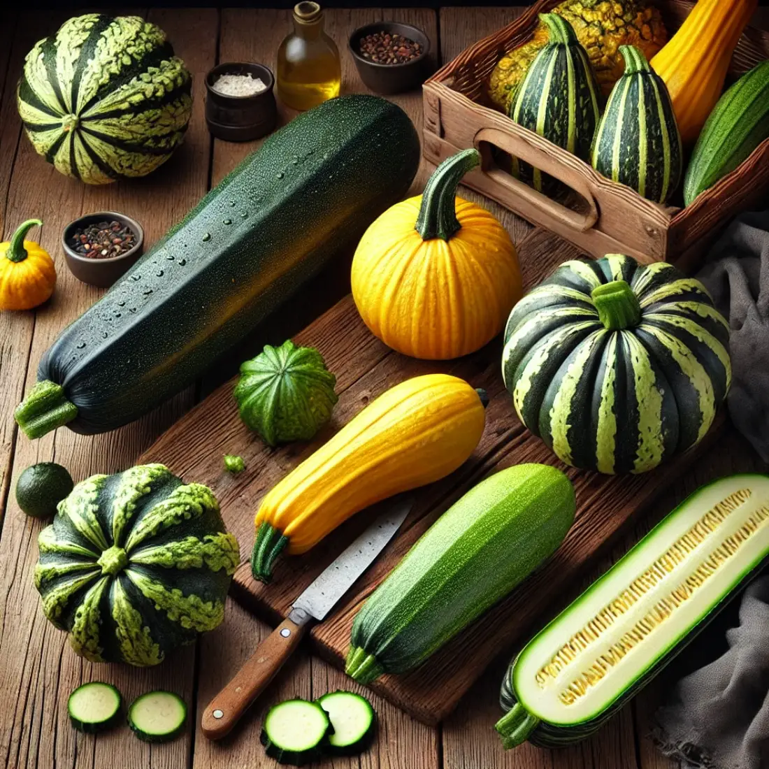 Five zucchini varieties—dark green, yellow, round, ribbed, and striped—arranged on a rustic wooden table with garden tools and a vegetable basket in the background