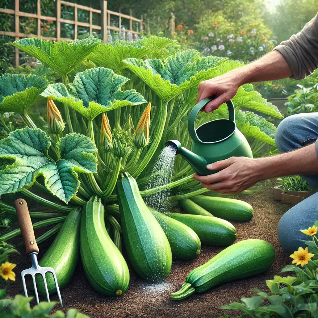 Home garden with lush zucchini plants, large leaves, and visible fruits. Gardener's hands tending to the plants with tools, surrounded by other vegetables and flowers.