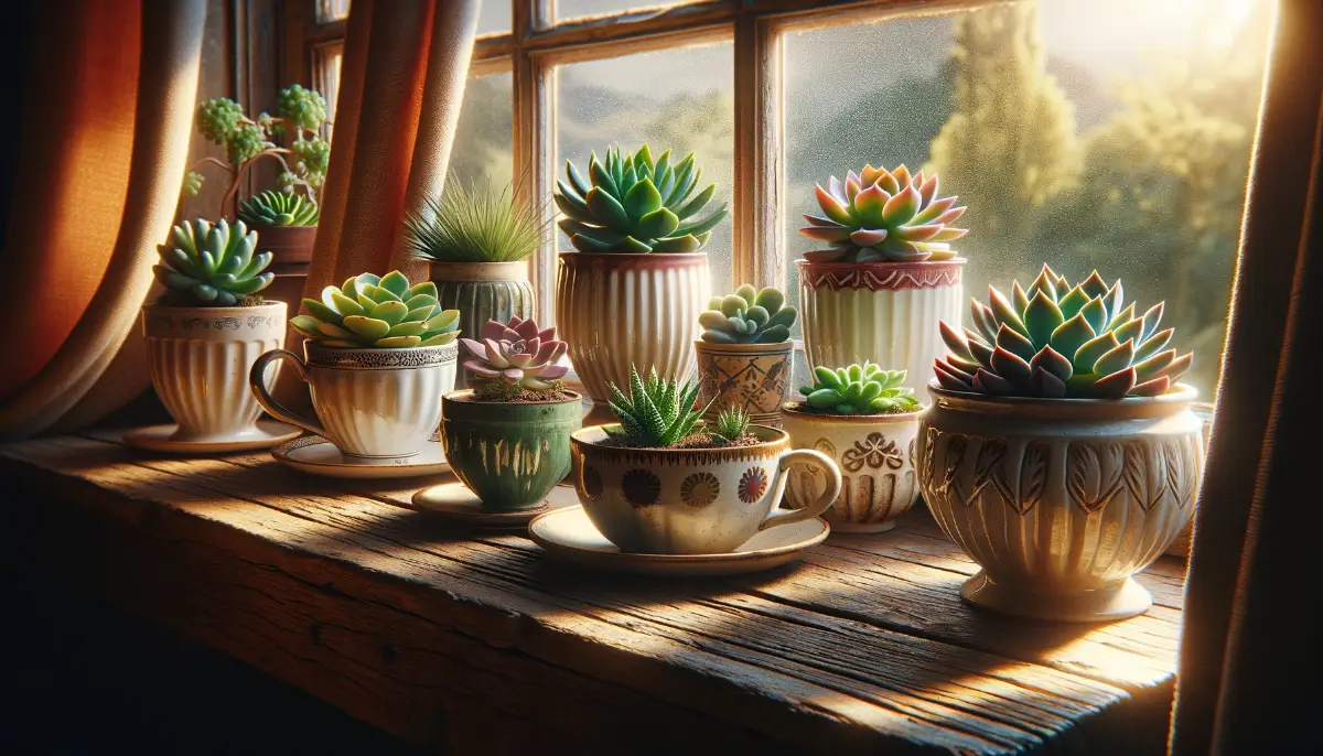 Succulents thriving in colorful, repurposed coffee cups on a wooden windowsill, highlighted by the warm morning sunlight