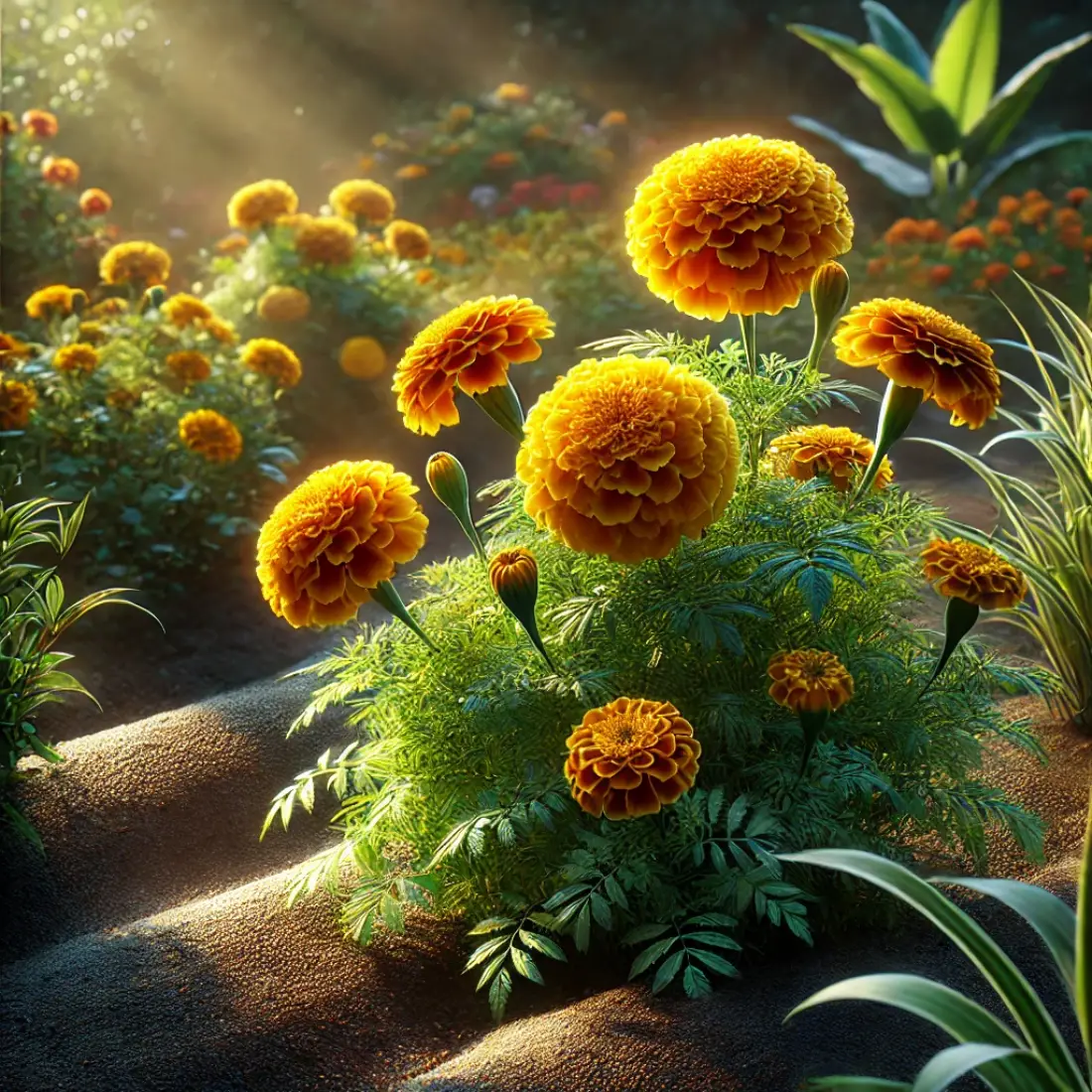 A highly realistic garden scene featuring smaller, bushy French Marigolds in shades of orange, yellow, and red, planted along borders and in decorative containers under natural sunlight.