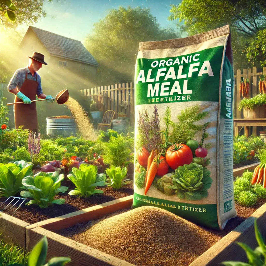 Gardener sprinkling organic alfalfa meal fertilizer in a vibrant vegetable garden with lush tomatoes, lettuce, and carrots.