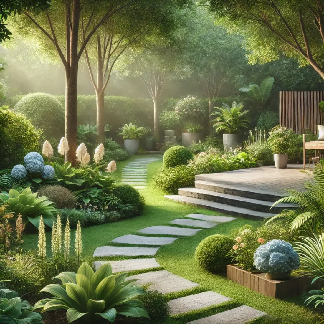 A serene garden for allergy sufferers, featuring a stone path, low-pollen plants, and a wooden bench bathed in soft sunlight.