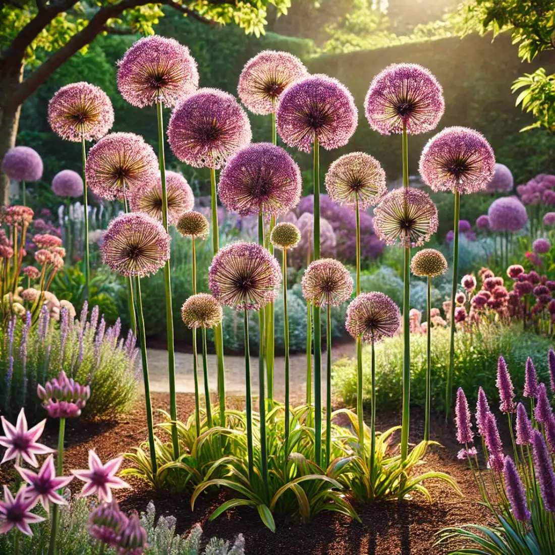 A vibrant garden with tall alliums featuring spherical purple flower clusters on slender stems, bathed in full sunlight.