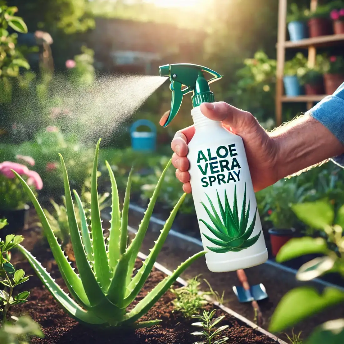 Hand holding aloe vera spray bottle misting a healthy plant in a sunlit, thriving garden.