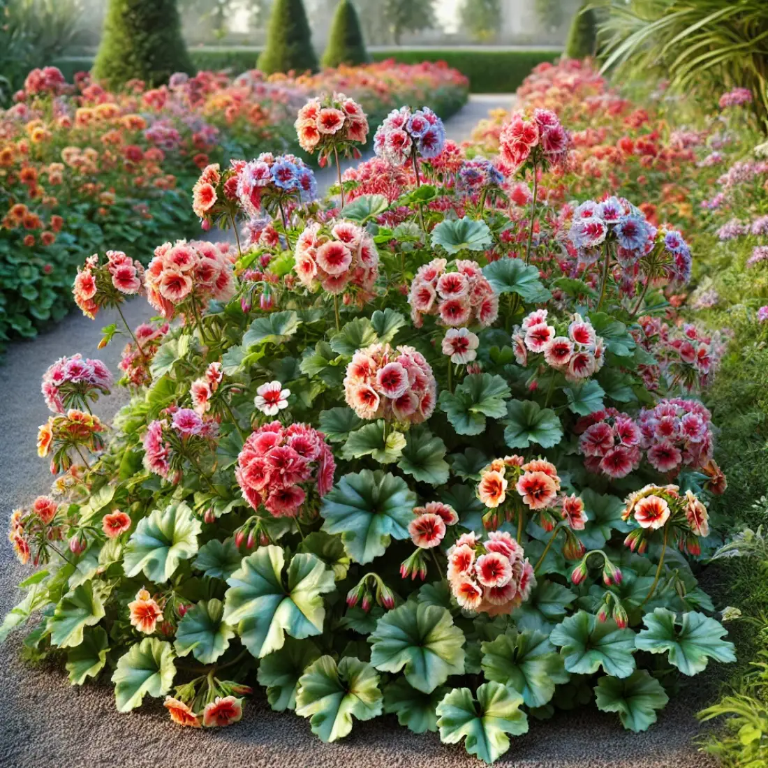 Angel Pelargoniums with small, pansy-like flowers in vibrant colors, showcased as edging plants in a garden bed and decorative containers along a garden path.