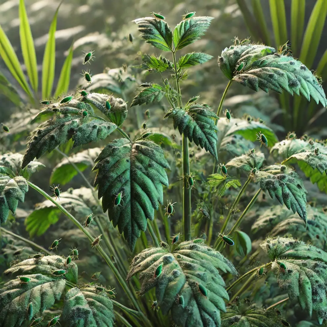 Close-up of plant leaves and stems with mild sooty mold damage, showing clusters of aphids feeding in a garden setting.