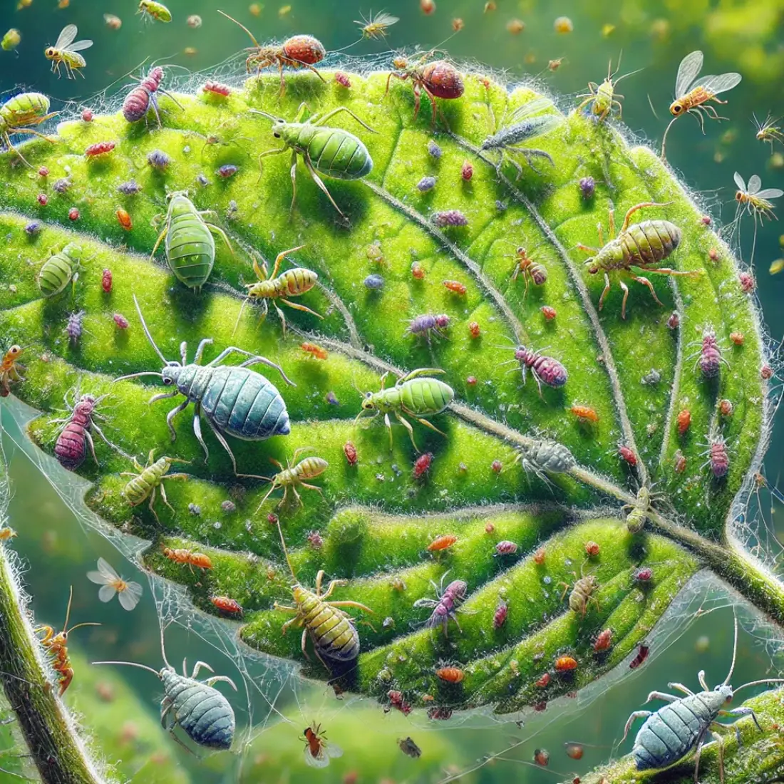 Close-up of a green plant leaf infested with aphids, spider mites, whiteflies, and mealybugs, showcasing their textures and colors.