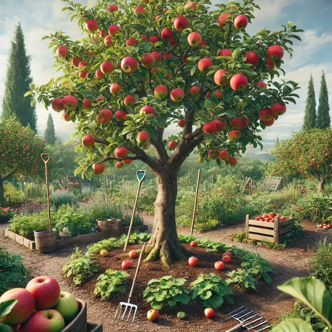 Lush apple tree with ripe, red apples in an organic garden, surrounded by mulch and gardening tools under a clear blue sky.