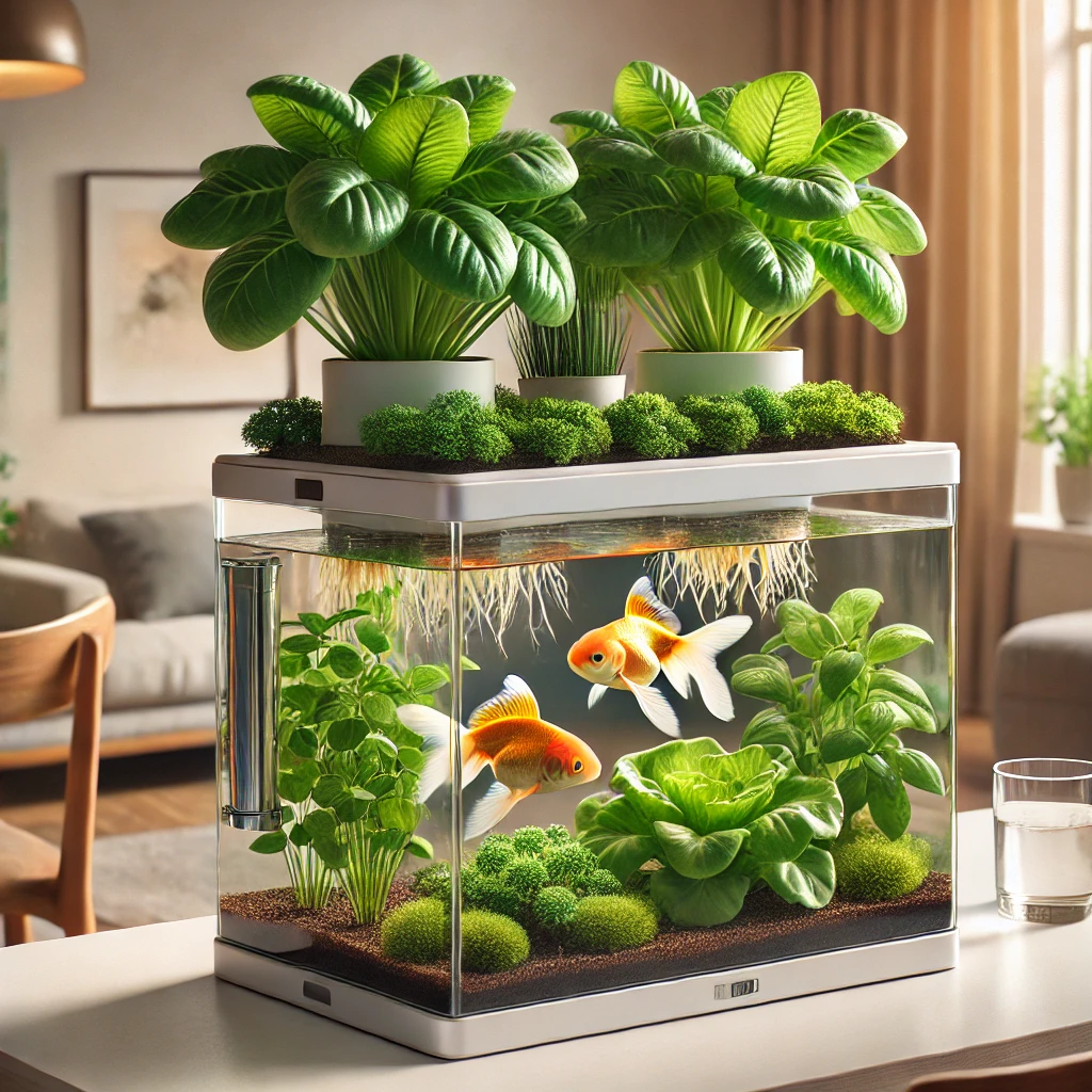 A compact aquaponic system for indoor gardening featuring a small fish tank with clear water and goldfish swimming inside. Above the tank, lush green plants like basil and lettuce grow in a soilless setup, with their roots dipping into the water. The system is placed on a wooden table in a bright, modern living space with natural light streaming through large windows, emphasizing a clean and eco-friendly environment that blends aquatic life with plant growth.