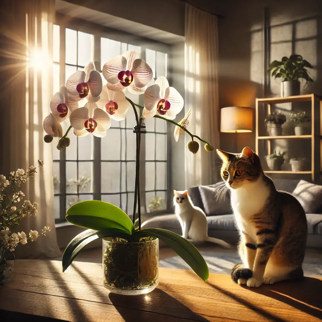 A Phalaenopsis orchid with white and pink petals on a wooden windowsill, a tabby cat nearby, lit by warm sunlight.