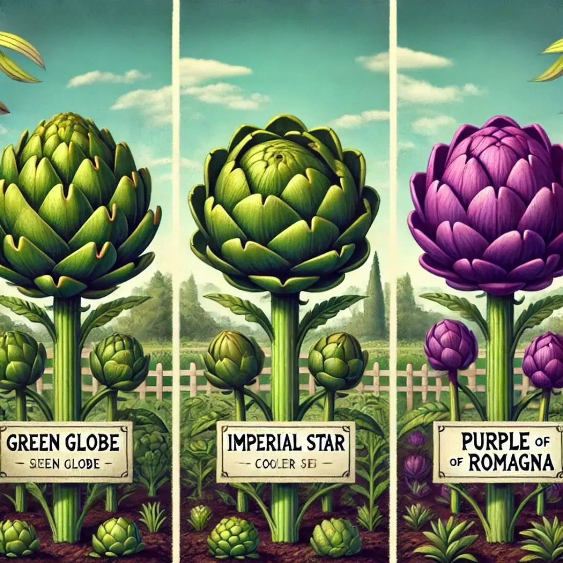 Three varieties of artichokes—Green Globe, Imperial Star, and Purple of Romagna—thriving in a well-maintained garden under a clear, bright sky.