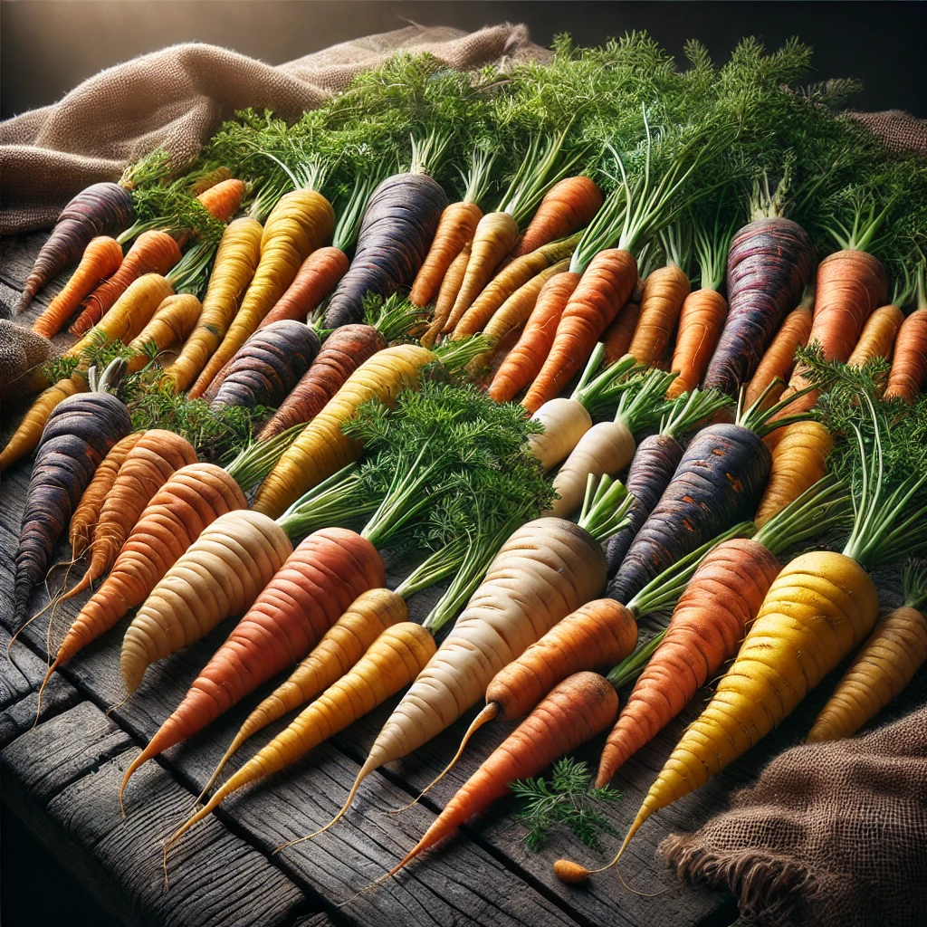 Different carrot varieties in various shapes, sizes, and colors, including orange, yellow, and purple, arranged on a wooden table with green tops and a burlap sack.