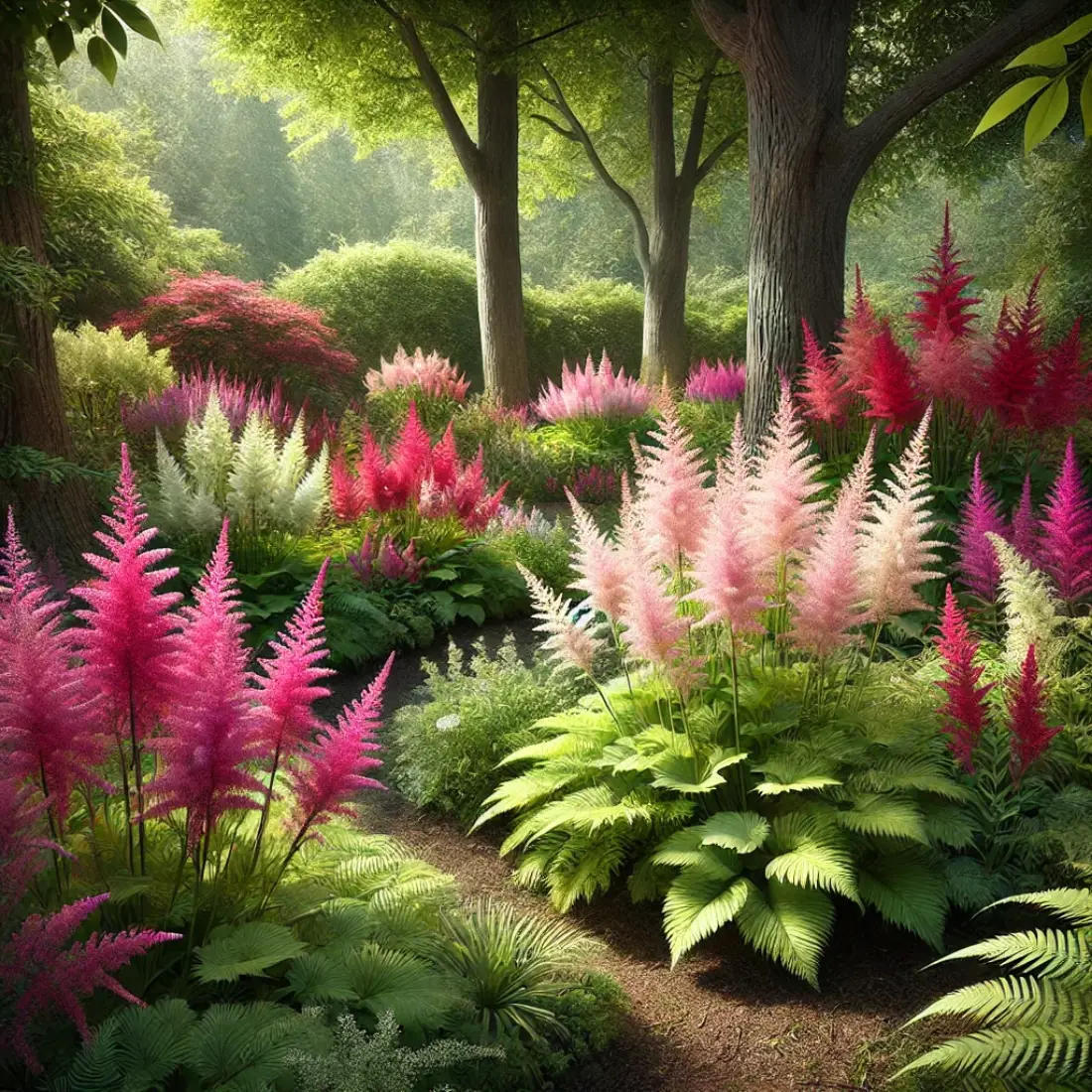 Serene garden with pink, red, white, and purple Astilbe flowers standing tall amid lush green foliage under tree cover.