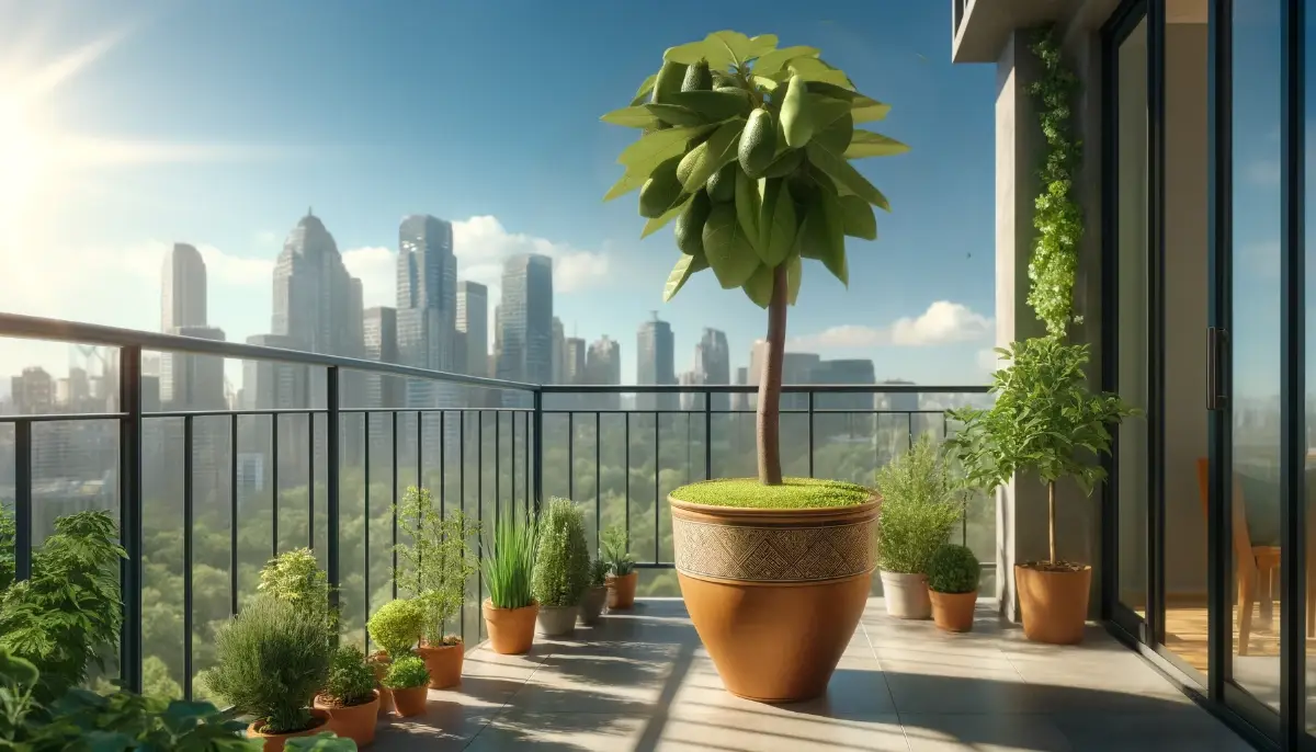 Avocado tree in terracotta pot on balcony with city skyline, illustrating urban container gardening.