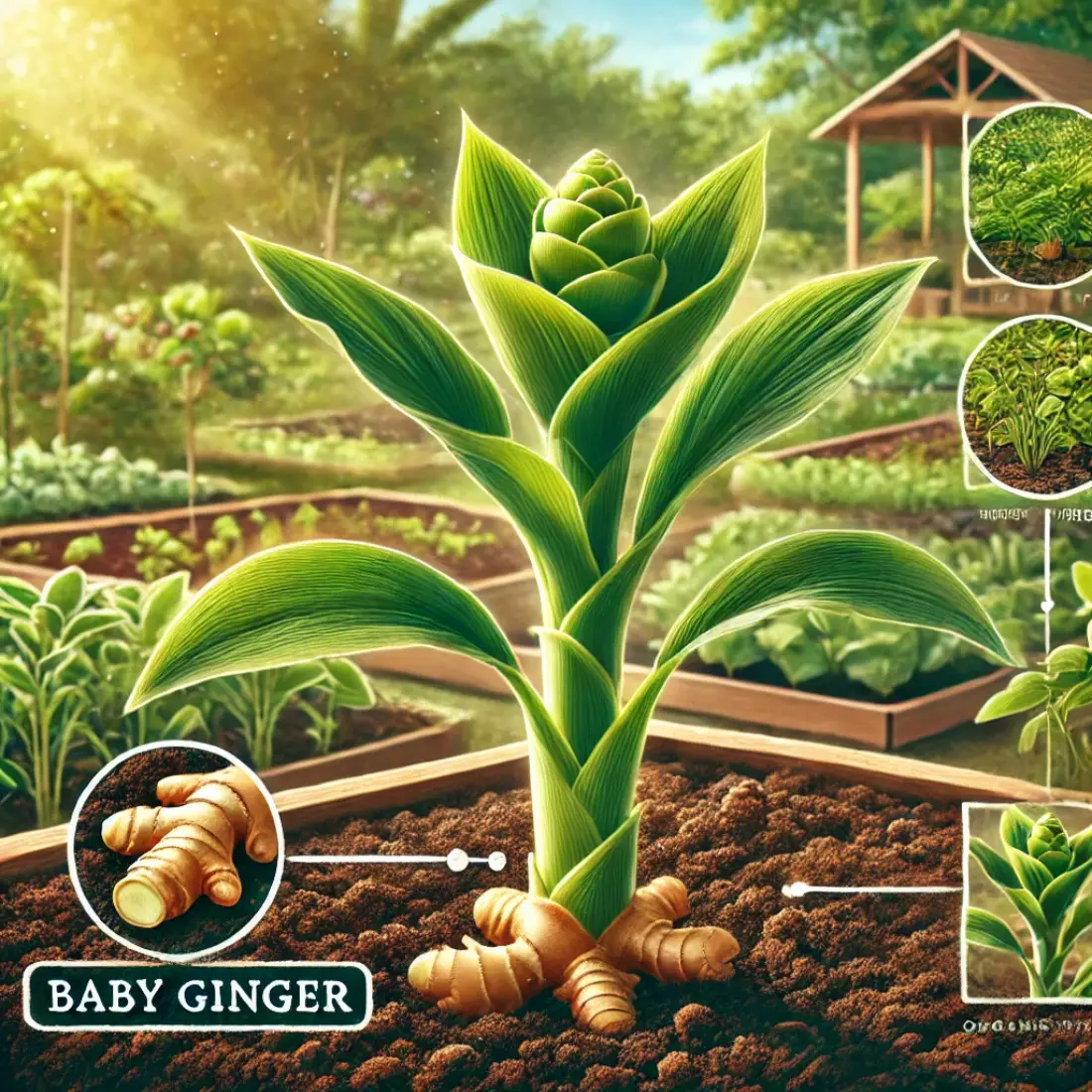 Baby ginger plant with small green leaves and smooth rhizomes in an organic garden, labeled "Baby Ginger" in the lower right corner.