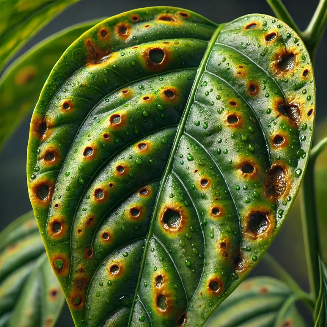 Close-up of a pepper plant leaf displaying small, water-soaked spots with brown centers and yellow halos, indicative of bacterial leaf spot.