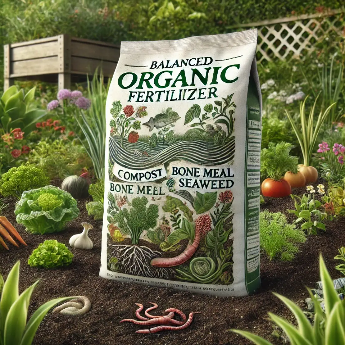 A vibrant garden with healthy plants, rich soil, and an unlabeled bag of organic fertilizer featuring compost, bone meal, and seaweed.