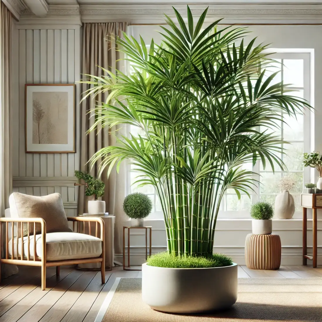 Detailed image of a thriving Bamboo Palm indoors, placed in a stylish pot with bright indirect sunlight, surrounded by modern decor.