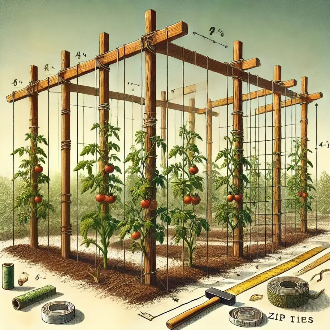 Four wooden stakes spaced 4-6 feet apart with horizontal and vertical twine supporting tomato plants in a garden, including tools like a hammer, measuring tape, and zip ties.